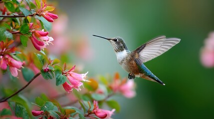 hummingbird. Hummingbird hovering among flowers with blurred wings against green background. wildlife magazines, conservation campaigns, designed for nature documentaries and education.