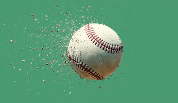 A baseball breaks apart mid-air against a bright green background. Close-up, realistic
