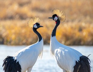 Two elegant, long-necked birds with striking red, black, and white plumage and golden crowns stand close, set against a blurred background