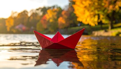 Fototapeta premium Red Paper Boat Floating on Water with Autumn Trees in Background.