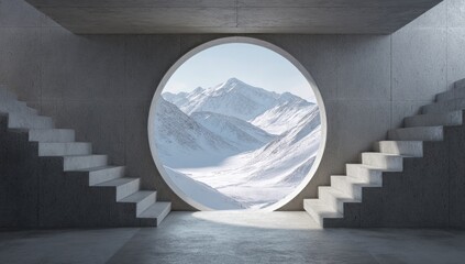 Architectural interior view featuring a circular window framing a majestic snow-covered mountain range