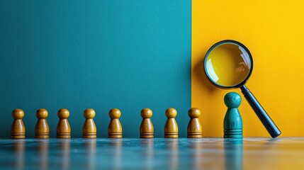 Teal pawn under magnifying glass,  standing out from group