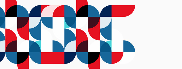 Fototapeta premium Abstract geometric pattern. Circles, semicircles create dynamic composition. Red, blue, pink hues dominate design. Modern aesthetic.