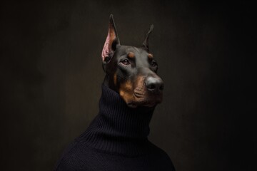 a studio portrait of a doberman wearing a black turtleneck sweater