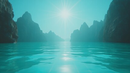 Teal water, sunlit mountains