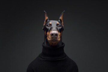 a studio portrait of a doberman wearing a black turtleneck sweater