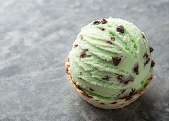 Tasty mint chocolate chip ice cream on grey textured table, closeup