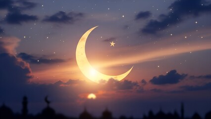 A mesmerizing twilight sky features a radiant crescent moon and a sparkling star, casting a serene glow over silhouetted domes and minarets, evoking peace and spiritual reflection