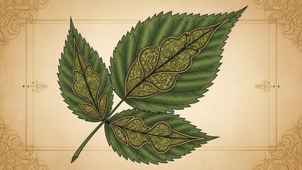 Intricate illustration of a green leaf with ornamental patterns and a vintage border