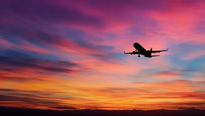 Silhouetted airplane taking off against a vivid, colorful sunset sky