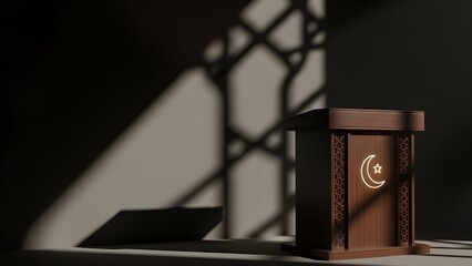 Elegant wooden podium featuring an Islamic crescent symbol, dramatically lit by geometric window shadows, evoking a solemn and reflective spiritual atmosphere