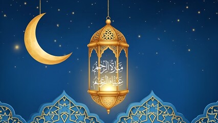 Golden Ramadan Lantern Illuminating a Starry Night Sky with a Shimmering Crescent Moon and Elegant Islamic Patterns, Evoking Serene Celebration