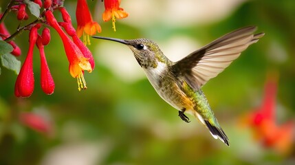 Fototapeta premium hummingbird. Hummingbird hovering among flowers with blurred wings against green background. wildlife magazines, conservation campaigns, designed for nature documentaries and education.