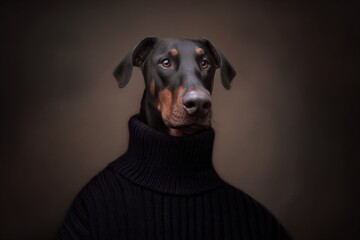 a studio portrait of a doberman wearing a black turtleneck sweater