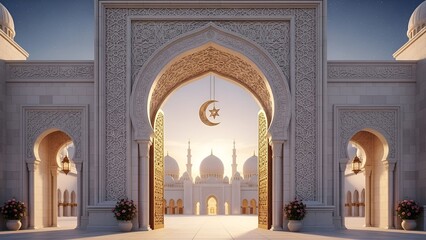 Majestic Islamic Archway Leading to a Serene Mosque at Golden Hour, Symbolizing Peace, Faith, and Cultural Heritage During Sacred Times Like Ramadan or Eid