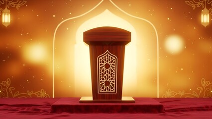 Elegant Podium with Islamic Decorative Elements and Festive Lanterns, Perfect for Religious or Cultural Events