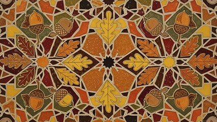 Intricate mosaic pattern showcasing a vibrant autumn tapestry of detailed oak leaves and acorns, handcrafted in warm seasonal colors creating a stunning decorative background