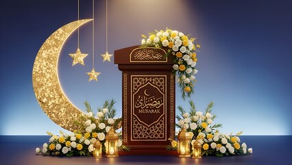 Ramadan Kareem Islamic Decoration with Crescent Moon and Flowers