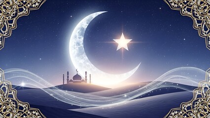 Ramadan Mubarak! Crescent moon and star over mosque silhouette in desert dunes with wavy light trails and ornate border