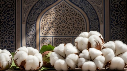 Soft cotton bolls and green leaves are artfully arranged against a backdrop of intricate traditional patterns, highlighting natural fibers and cultural elegance in a serene still life composition