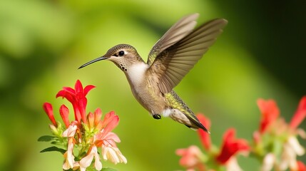 Fototapeta premium hummingbird. Hummingbird hovering among flowers with blurred wings against green background. wildlife magazines, conservation campaigns, designed for nature documentaries and education.