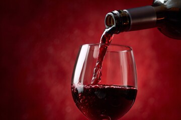 red wine pouring from a bottle into a glass against a red background