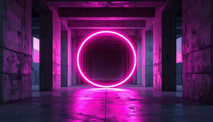 Abstract Pink Neon Ring Glowing In Dark Concrete Structure With Wet Floor And Purple Sky In Background Detailed Visual Key