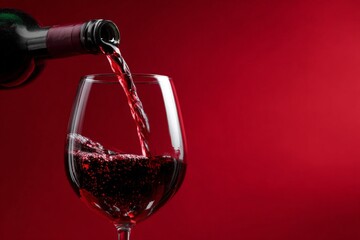 red wine pouring from a bottle into a glass against a red background