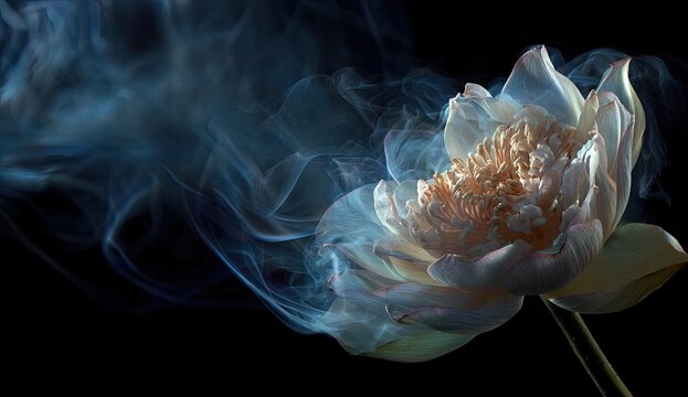 Close-up of a delicate white flower with soft, billowing blue smoke against a stark black background - Powered by Adobe