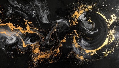 Abstract swirling black and gold fluid art with glittering particles against a dark void suggesting cosmic explosion or ink diffusion in motion.
