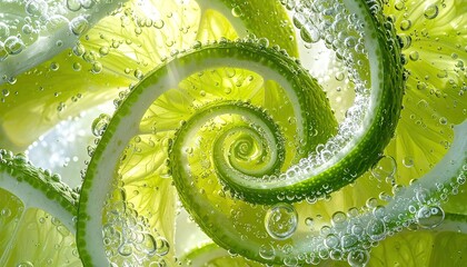 Abstract Spiral Pattern of Fresh Lime Slices and Zest in Bubbling Water with Bright Sunlight