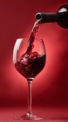 red wine pouring from a bottle into a glass against a red background