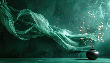 Abstract Teal Fabric Swirls and Glittering Branches in a Dark Teal Textured Background with Dramatic Lighting