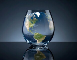 Earth globe inside glass, reflecting on dark surface, blue gradient background