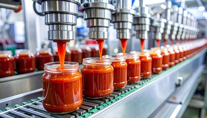 Industrial food processing line with glass jars being filled with red sauce from automated nozzles on conveyor belt.