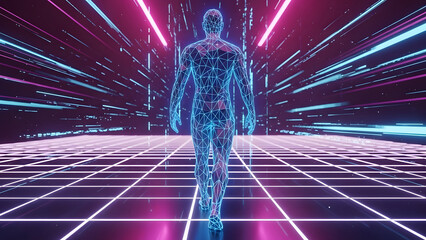 Futuristic Digital Human Walking in Virtual Metaverse Environment