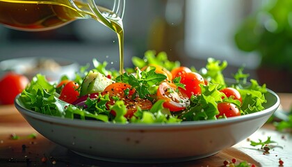 Olive oil drizzling onto a vibrant salad of tomatoes and lettuce