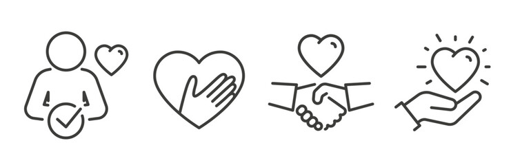 set of icons with a heart, approval handshake, support or care, honesty, compassion and solidarity, vector line symbols