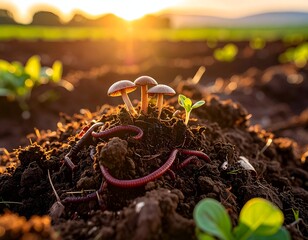 Earthy scene mushrooms, worms, and seedling basking in warm sunlight