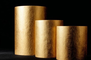 three golden cylindrical pedestals on a black background