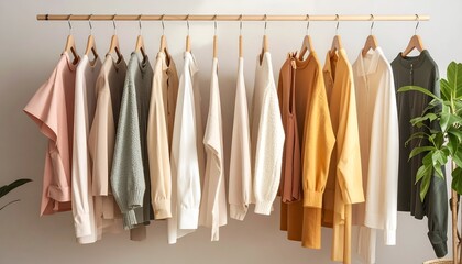 Array of clothing hanging on wooden rack with leafy green plant
