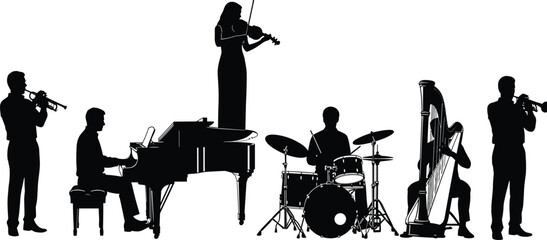 Music band silhouette illustration featuring orchestra musicians with violin piano drums harp and trumpet, live concert performance isolated vector design © MstMinara
