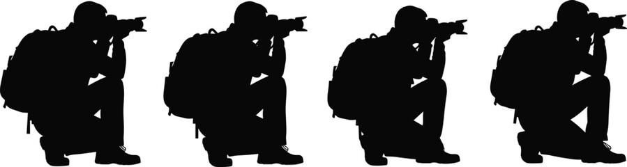 Photographer silhouette sequence illustration, professional photographer kneeling shooting camera, outdoor photography concept, photojournalismeative visual storytelling © MstMinara