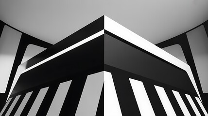 An abstract architectural interior with sharp geometric lines and a contrast black and white color scheme featuring diagonal stripes and angled planes creating a dynamic and modern visual effect