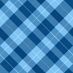 Seamless blue diagonal tartan plaid pattern perfect for textile, fabric, wrapping paper, and modern digital backgrounds. Ideal for winter and elegant fashion themes. Vector illustration.