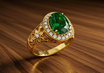 Ornate Gold Ring with Large Emerald and Diamonds on Wooden Background Keywords: ring, gold ring, emerald, diamond, gemstone, jewelry, precious stone