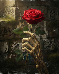 Skeleton Hand Holding Red Rose Against Grungy Wall Background