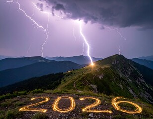 Lightning strikes illuminated hilltop with "2026" written in fire