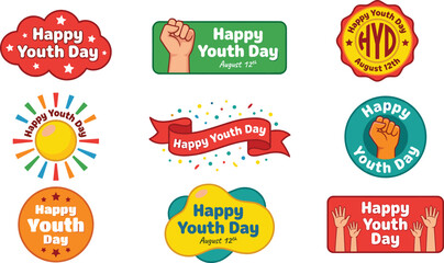 Happy Youth Day stickers set, August 12 celebration badges, youth empowerment icons, colorful festive labels, social awareness illustration pack