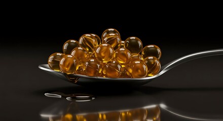 Spoon Filled With Golden Oil Capsules Against A Dark Background yellow liquid